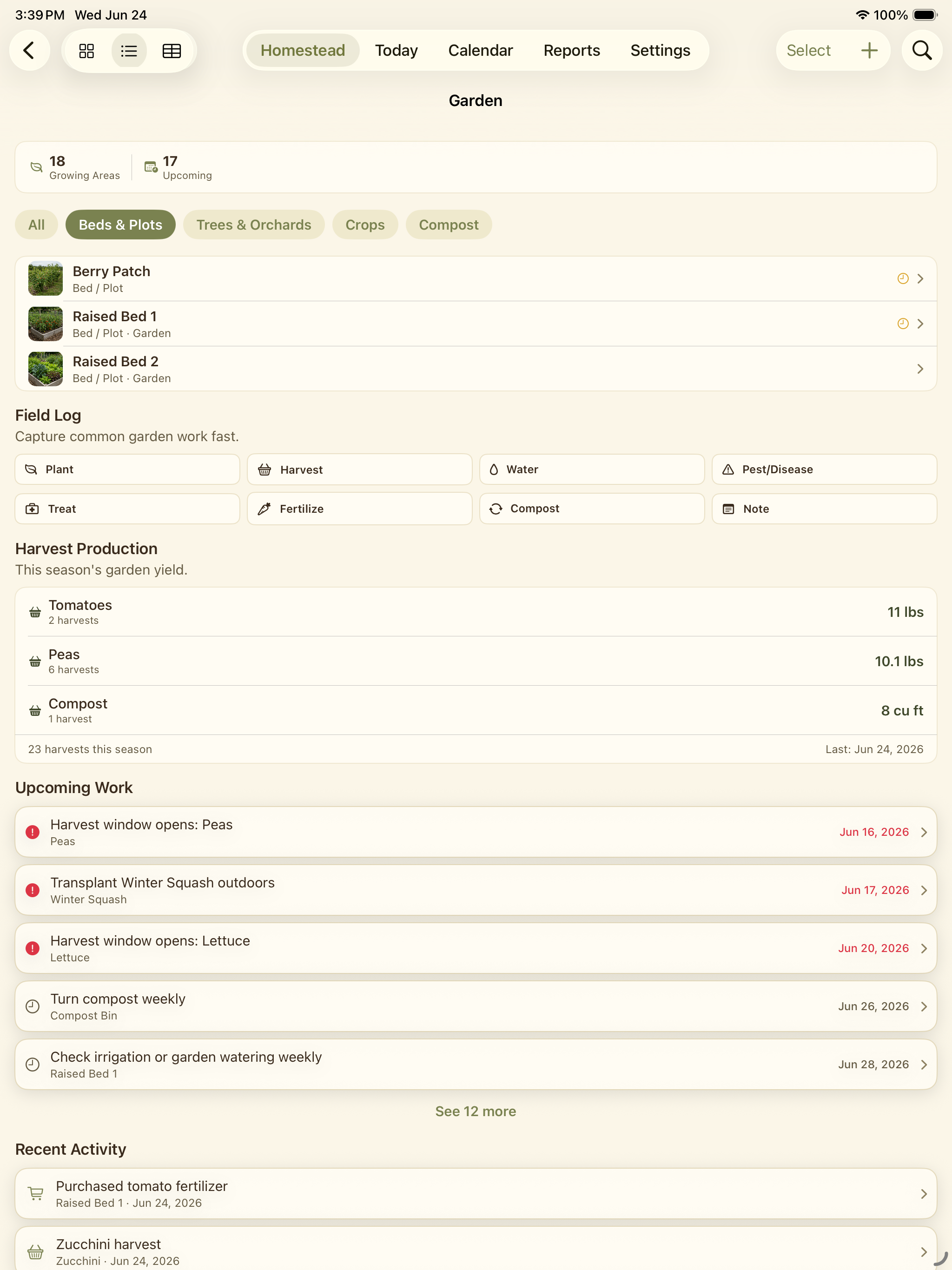 Garden hub showing crops, current items, field log actions, upcoming work, and recent activity.